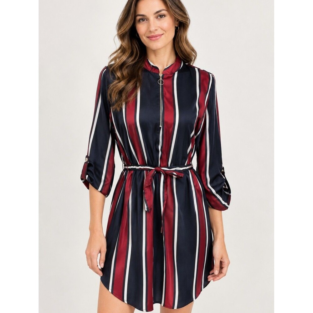 EUC Blush women's stripped silky 1/2 zip long adjustable sleeve & waist dress M